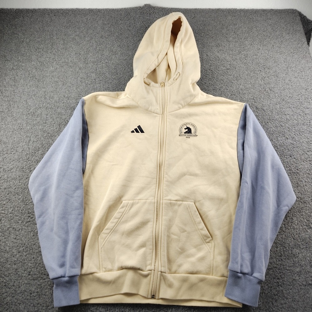 Adidas 2023 Boston Marathon Full Zip Hoodie Cream Blue Mens XS‎